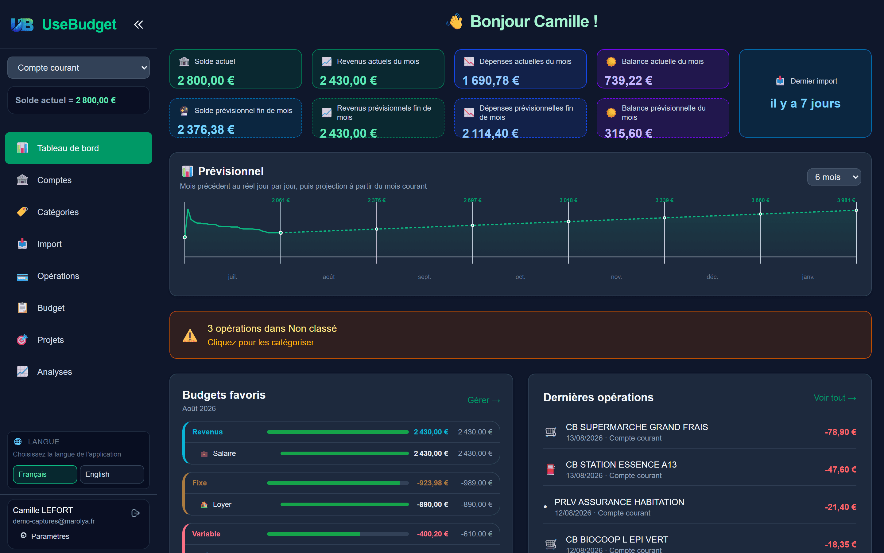 Tableau de bord — Captures réelles de l'application — données fictives de démonstration.